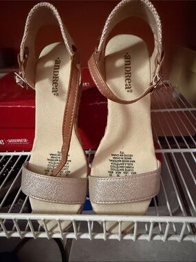 ANDREA FENZI Rose Gold T-Strap Wedge Sandals with Tan Ankle Strap